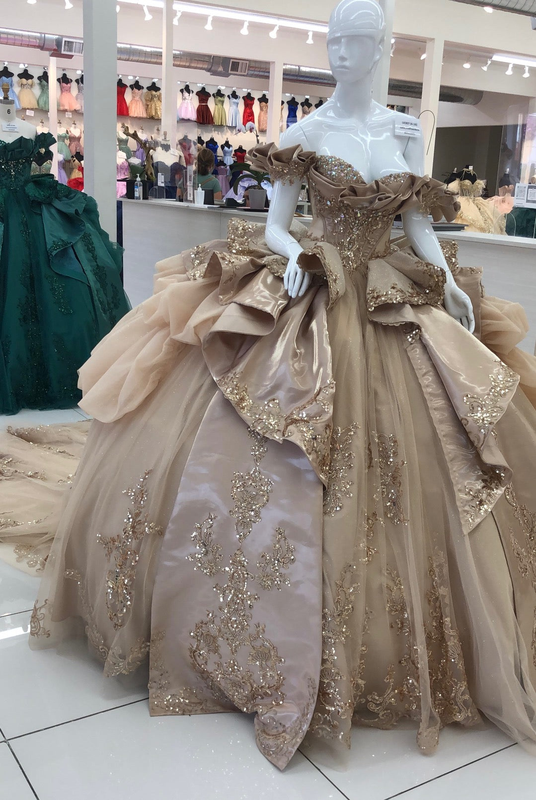 Off-Shoulder Crystal Beaded Corset Organza Ruffle Ball Gown Quinceañera Dress by Layla K LK307