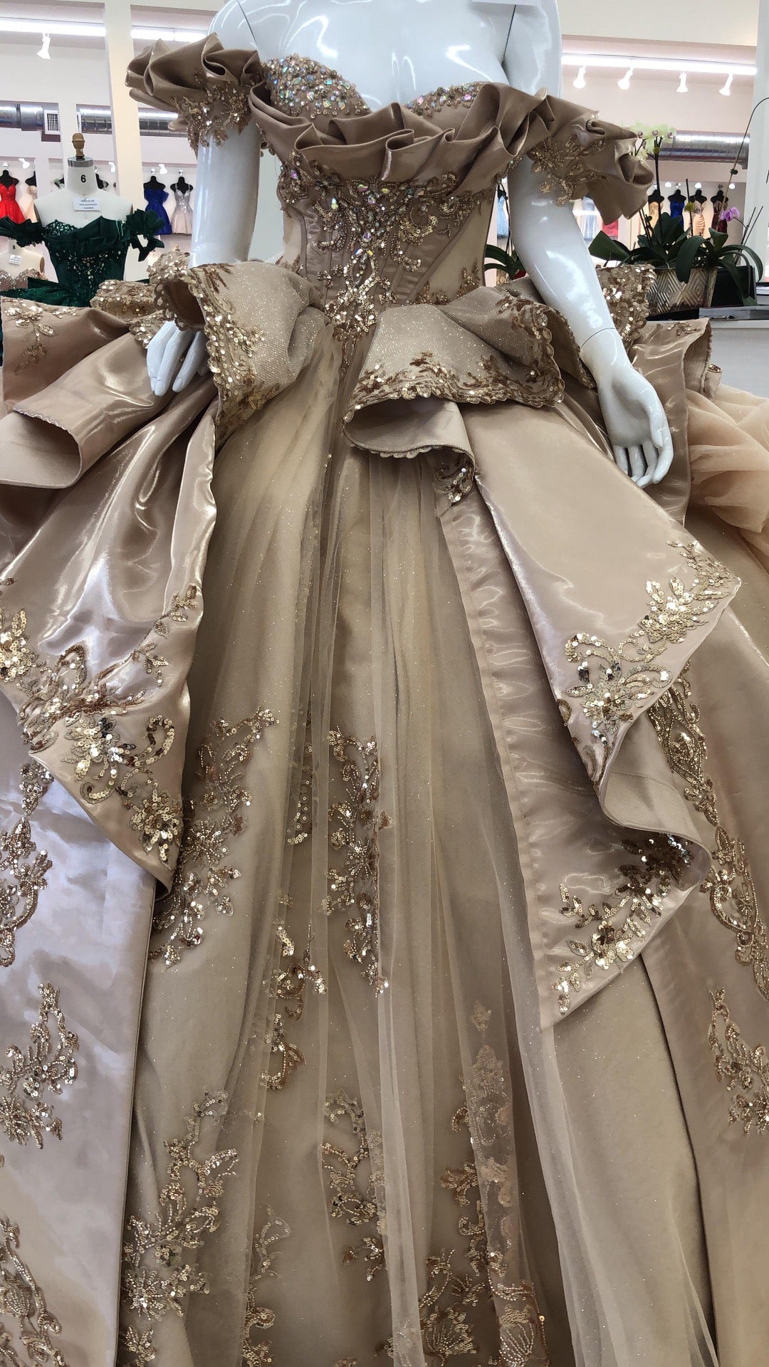 Off-Shoulder Crystal Beaded Corset Organza Ruffle Ball Gown Quinceañera Dress by Layla K LK307