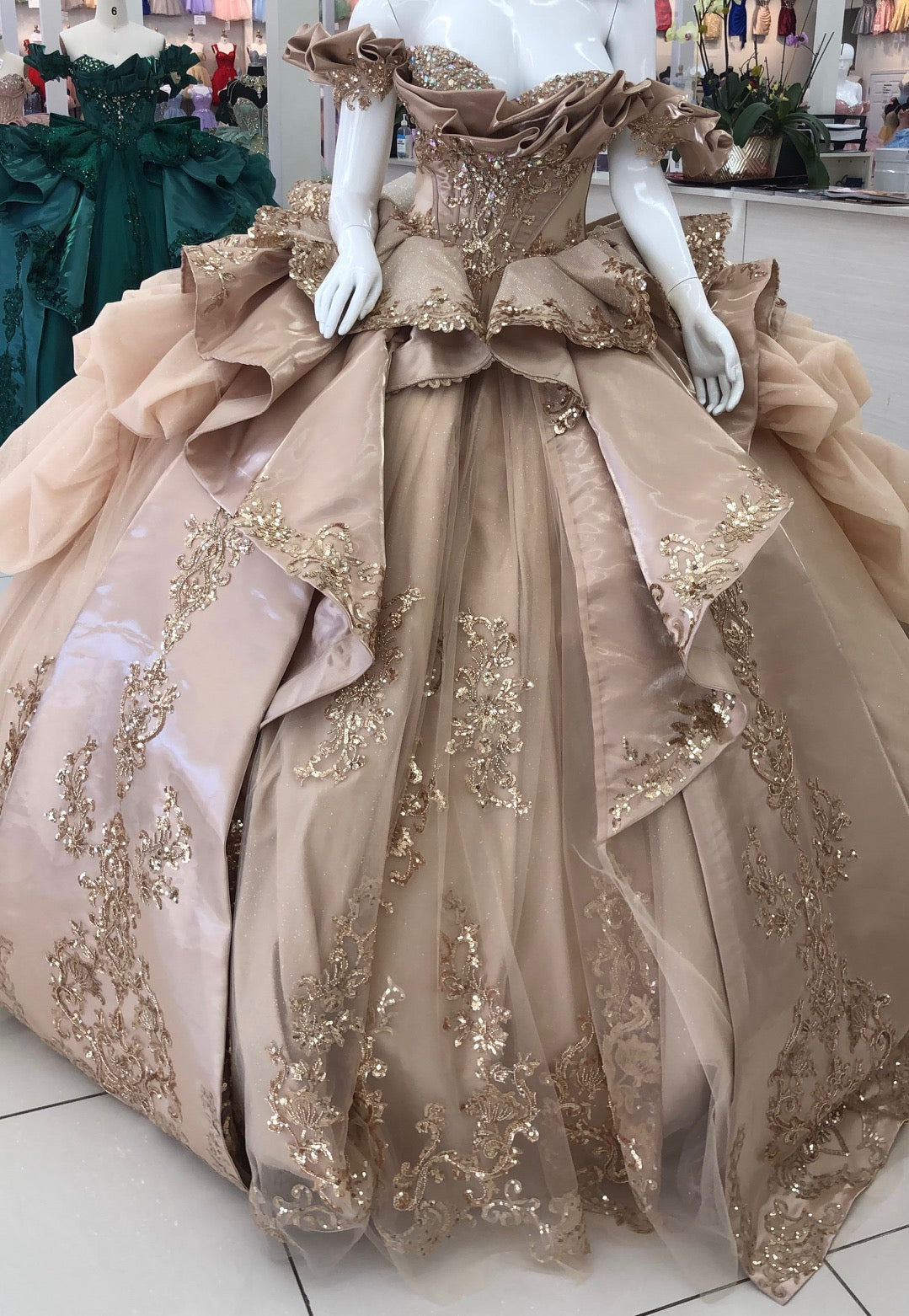 Off-Shoulder Crystal Beaded Corset Organza Ruffle Ball Gown Quinceañera Dress by Layla K LK307