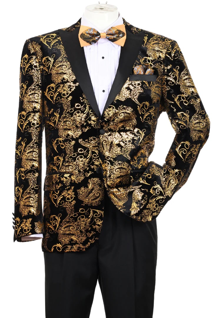 Velvet Floral Paisley Foil Black and Gold Tuxedo Jacket