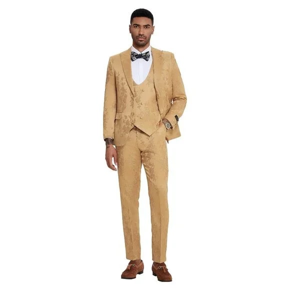 Tazzio Golden Floral 3PC Suit with Double Breasted Vest