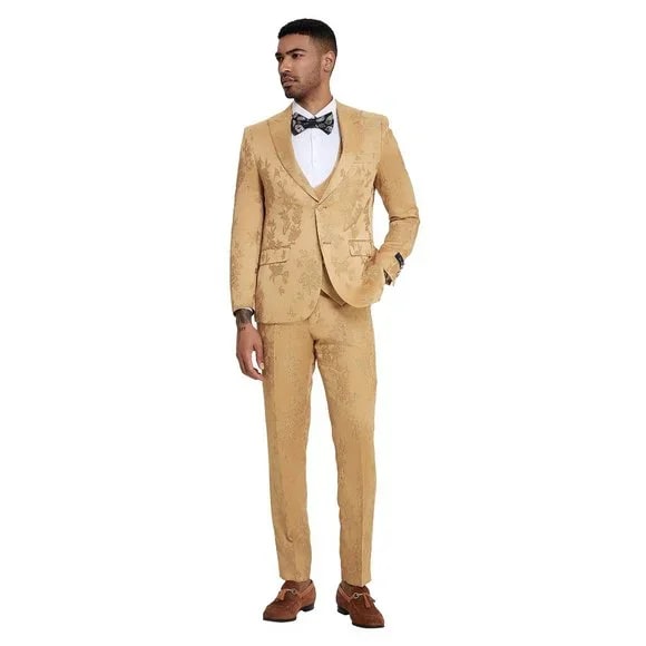 Tazzio Golden Floral 3PC Suit with Double Vest