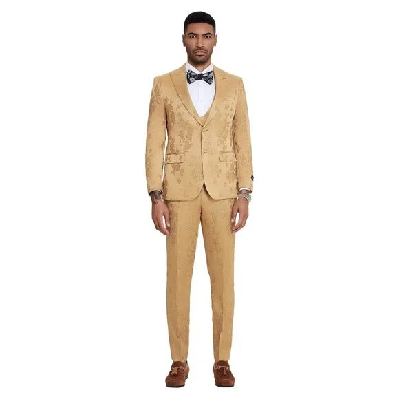 Tazzio Golden Floral 3PC Suit with Double Breasted Vest