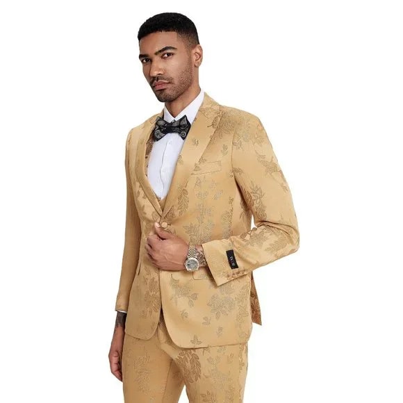 Tazzio Golden Floral 3PC Suit with Double Breasted Vest