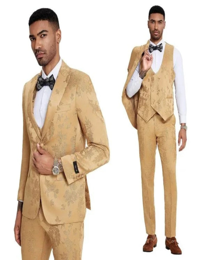 Tazzio Golden Floral 3PC Suit with Double Vest