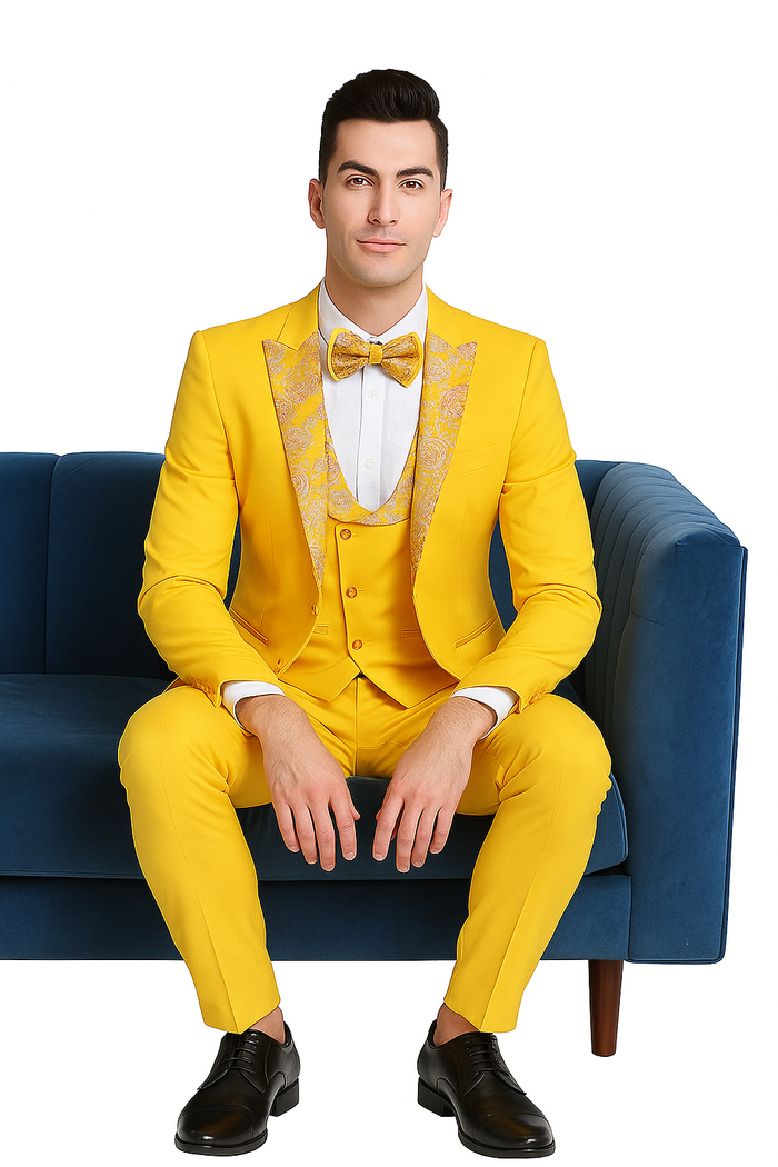 Radiant Golden Bloom 3-Piece Floral Lapel Suit