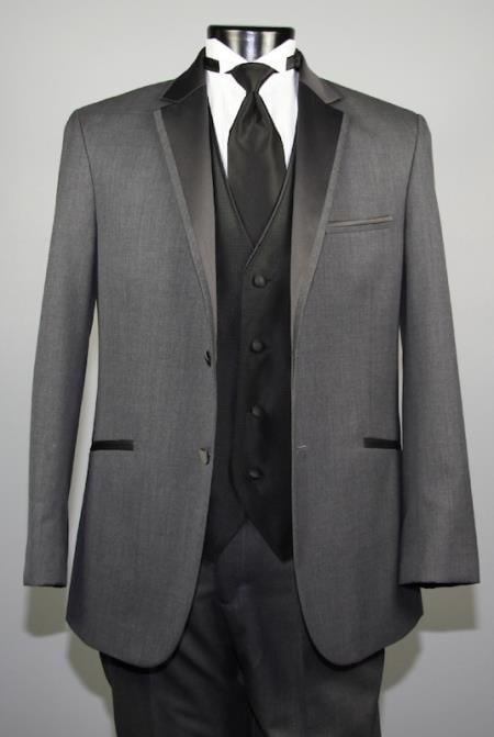Two Button Charcoal Wool Tuxedo With Black Satin Custom for Wedding or Prom