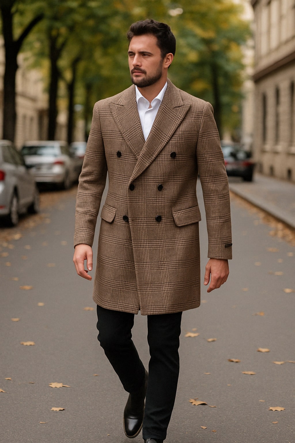 Glen Plaid Double-Breasted Wool Overcoat