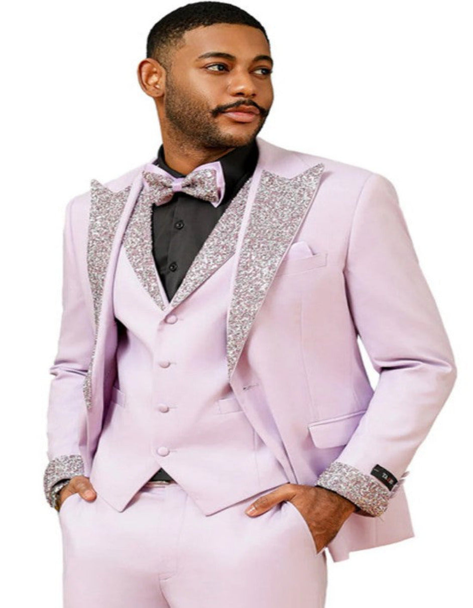 Gray and Pink Prom Tuxedo with Rhinestone sequin Lapel