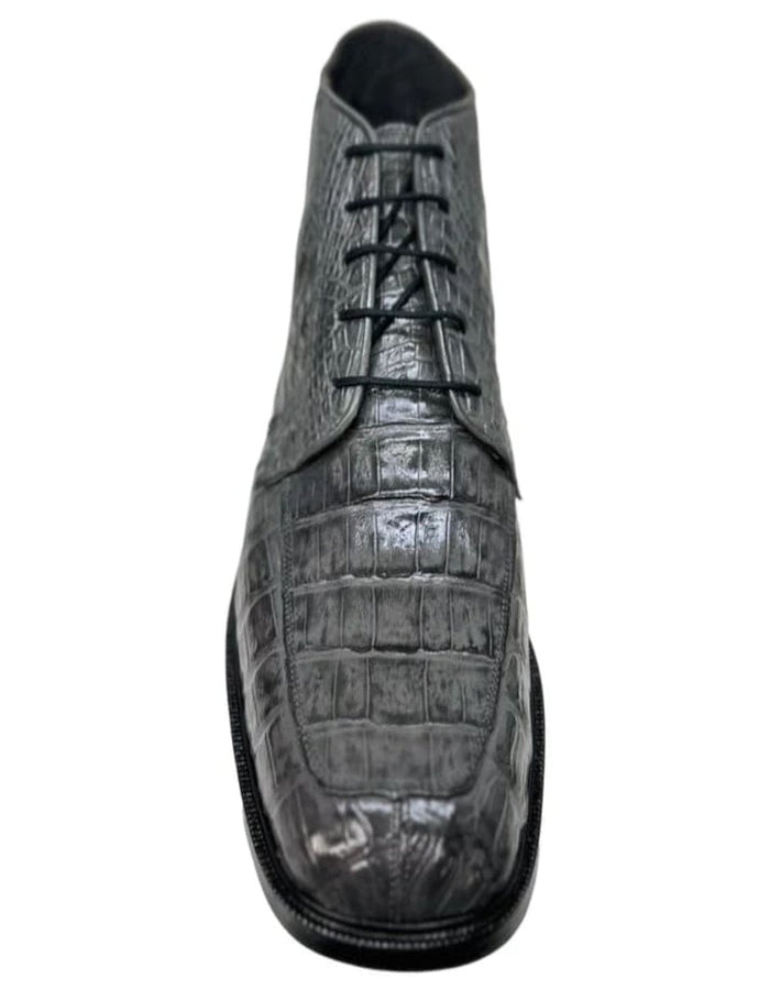 Gray Crocodile Lace-Up Ankle Boots