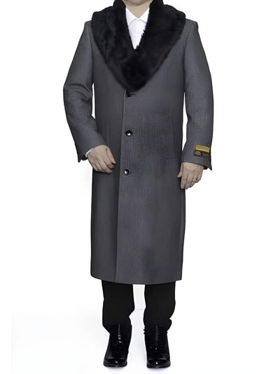 Gray Herringbone Wool Fur Collar Overcoat