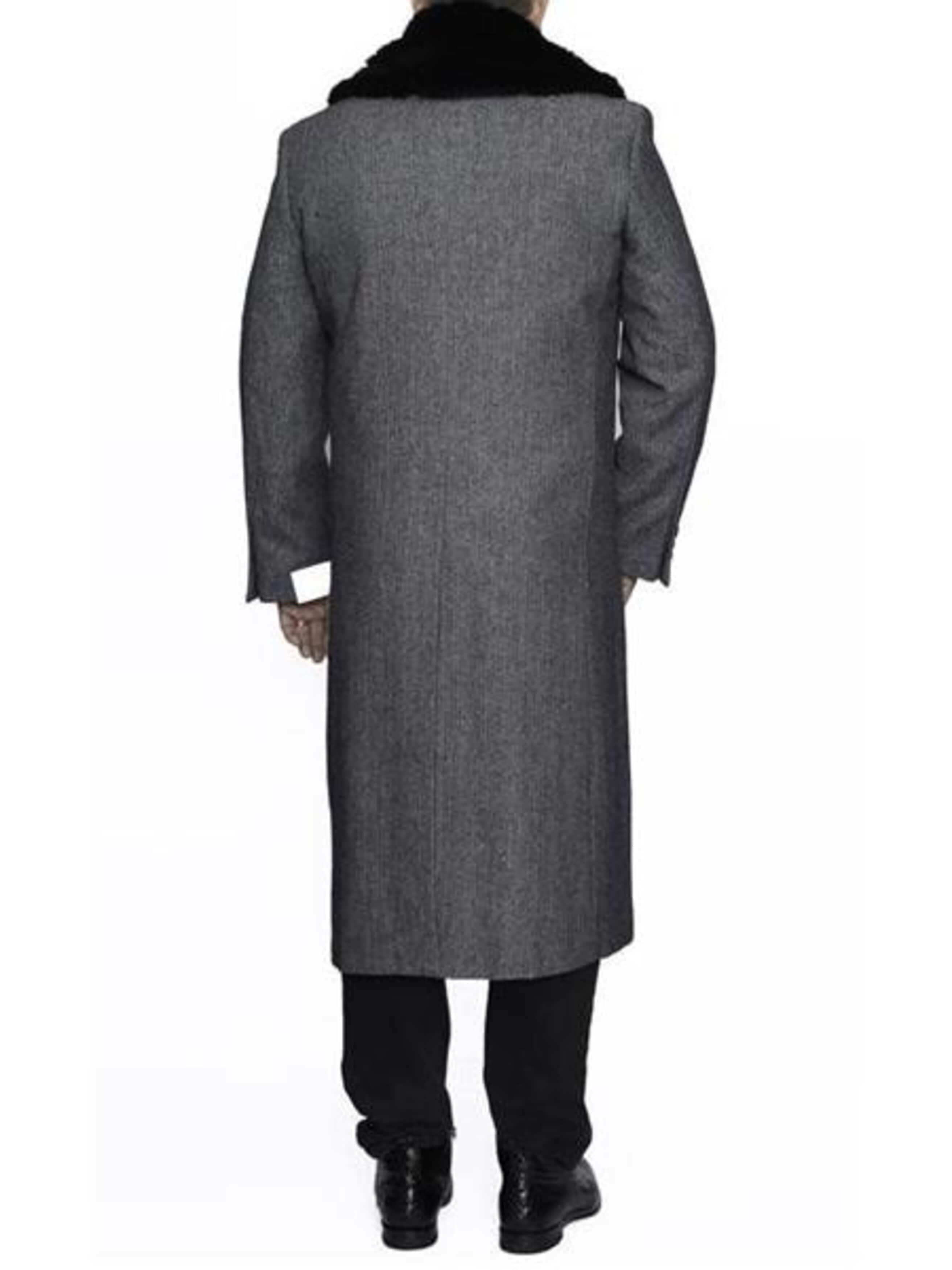 Gray Herringbone Wool Fur Collar Overcoat