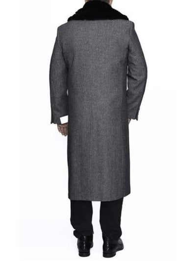 Gray Herringbone Wool Fur Collar Overcoat