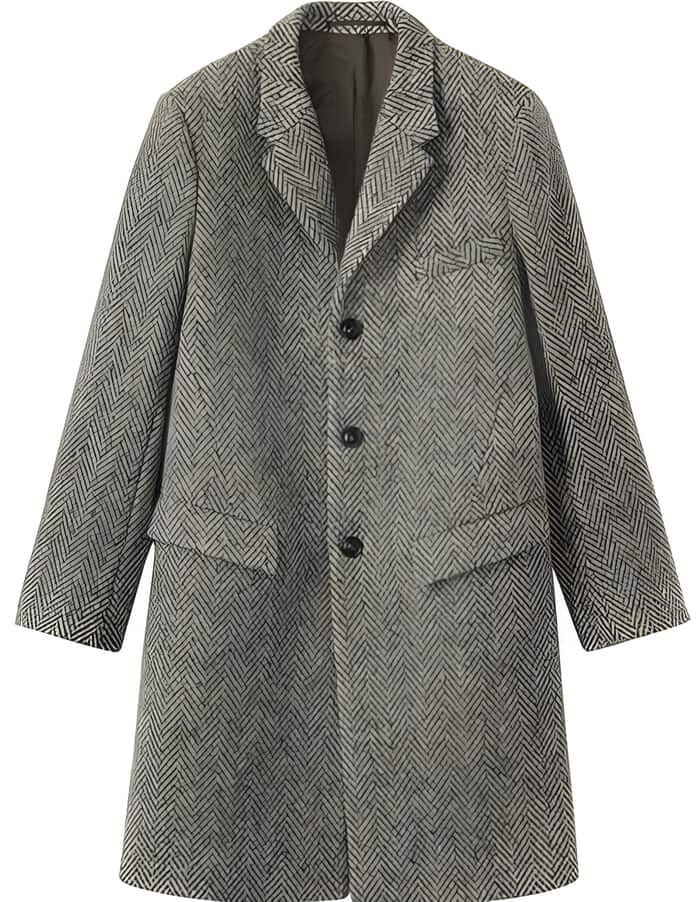 Gray Herringbone Wool Long Overcoat