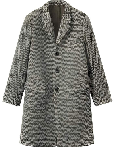 Gray Herringbone Wool Long Overcoat