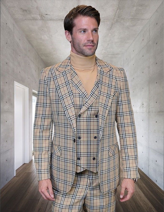 Men's Tan Plaid Gatsby Suit - Summer Events Ready