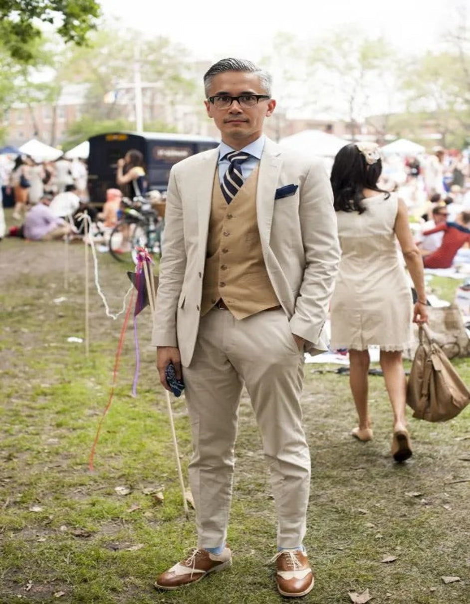 Gatsby-Inspired Tan Suit with Dark Camel Vest