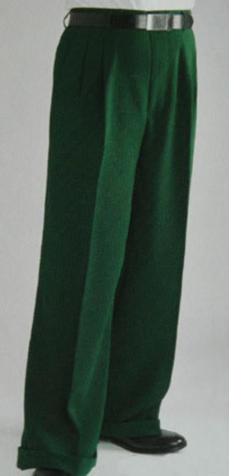 Green Wide Leg Dress Pants Pleated baggy dress trousers unhemmed unfinished bottom - Cheap Priced Dress Slacks For Men On Sale