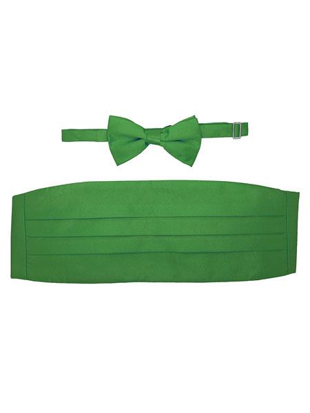 Designer Brand Men's Green Satine Microfiber Bowtie With Cummerbund Set-Men's Neck Ties - Mens Dress Tie - Trendy Mens Ties