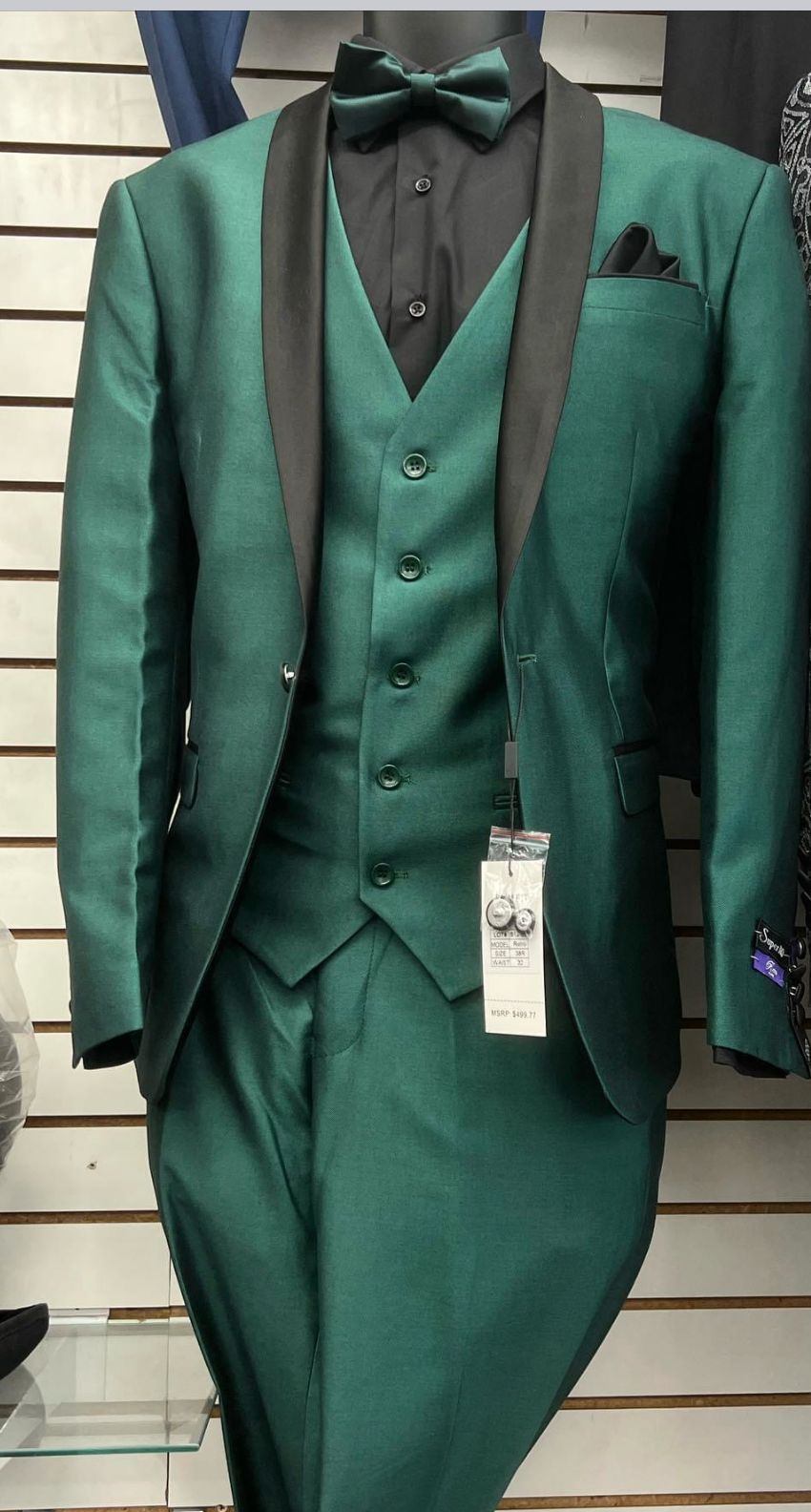 Mens Emerald Green Tuxedo with Black Satin Shawl Lapel – 3 Piece Formal Suit with Vest