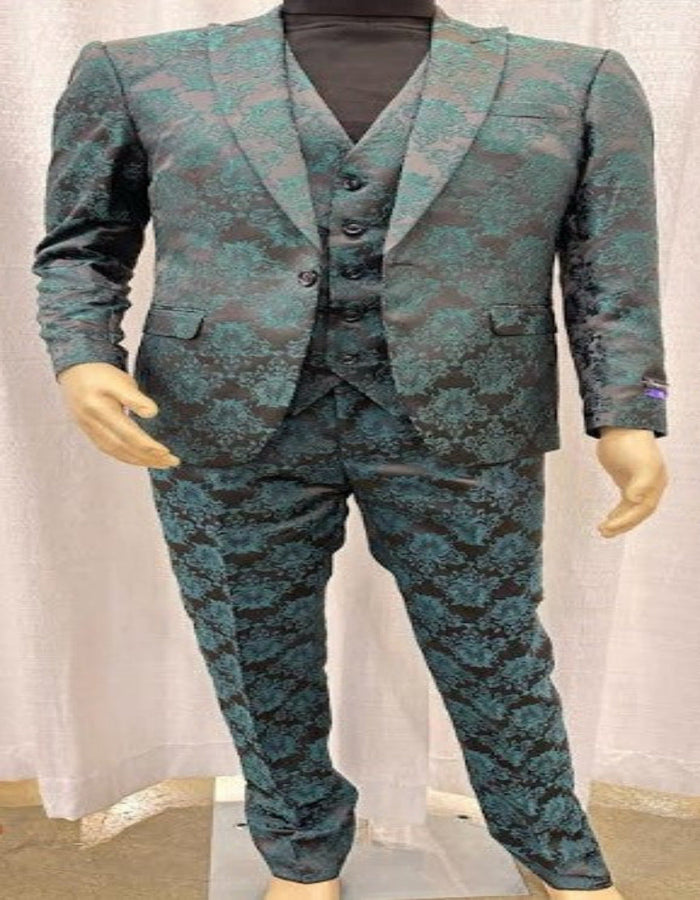 Green and Black Floral Brocade Slim Tuxedo 3pc