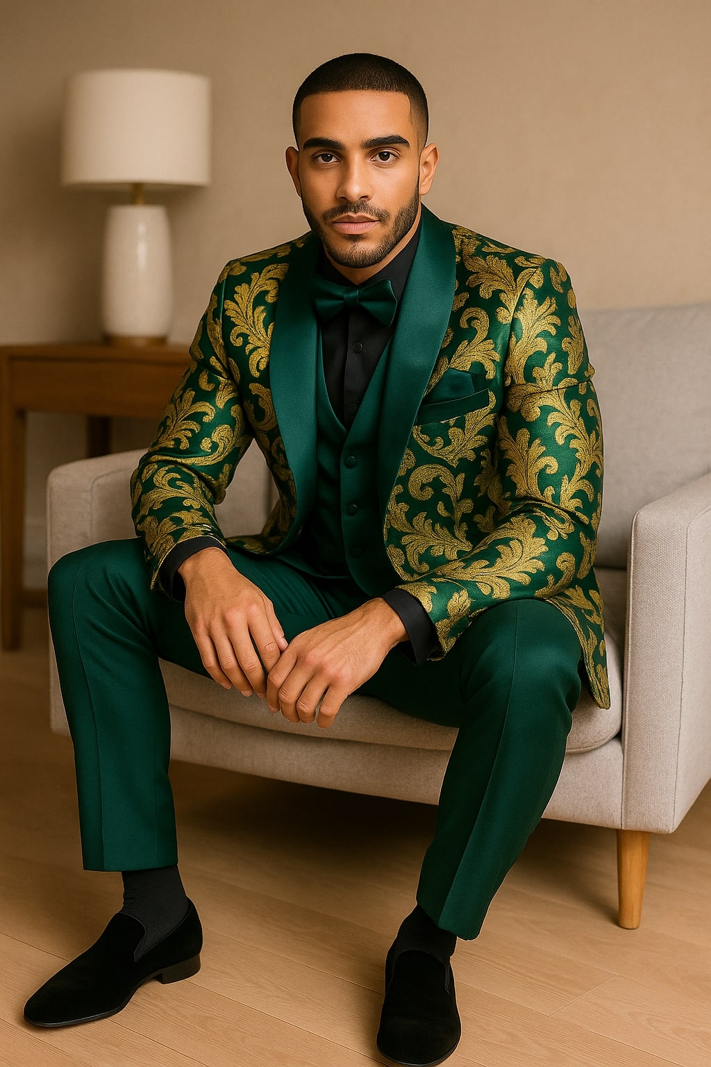 Mens Green & Gold Embroidered Tuxedo Suit