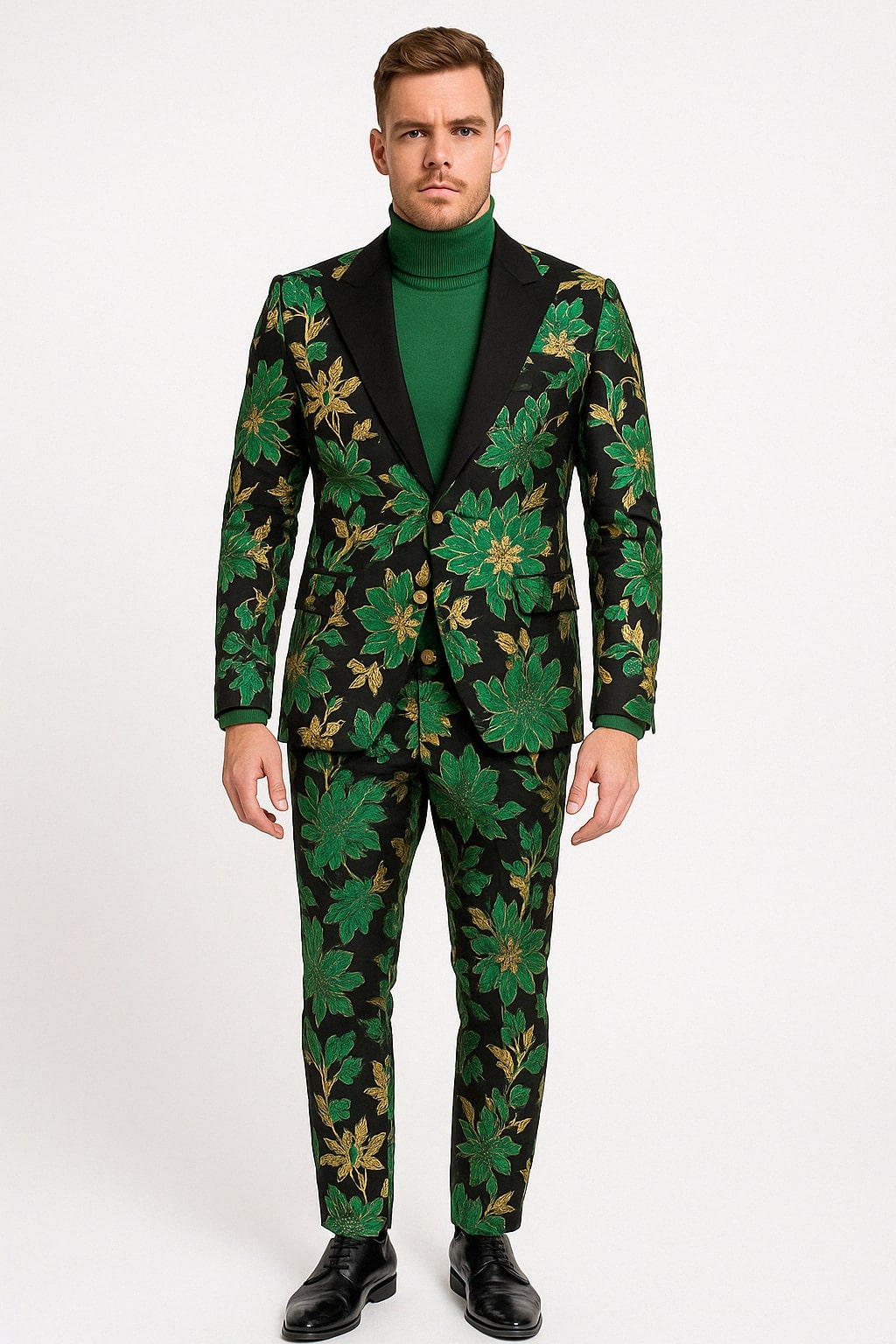 Green and Gold Floral Slim Tuxedo Suit