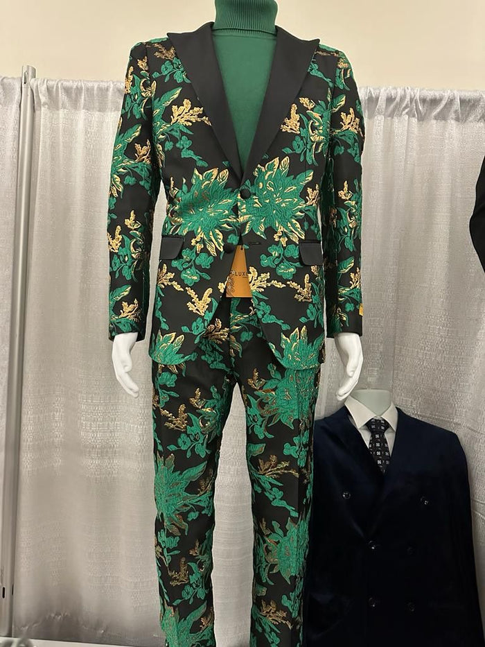 Green and Gold Floral Slim Tuxedo Suit