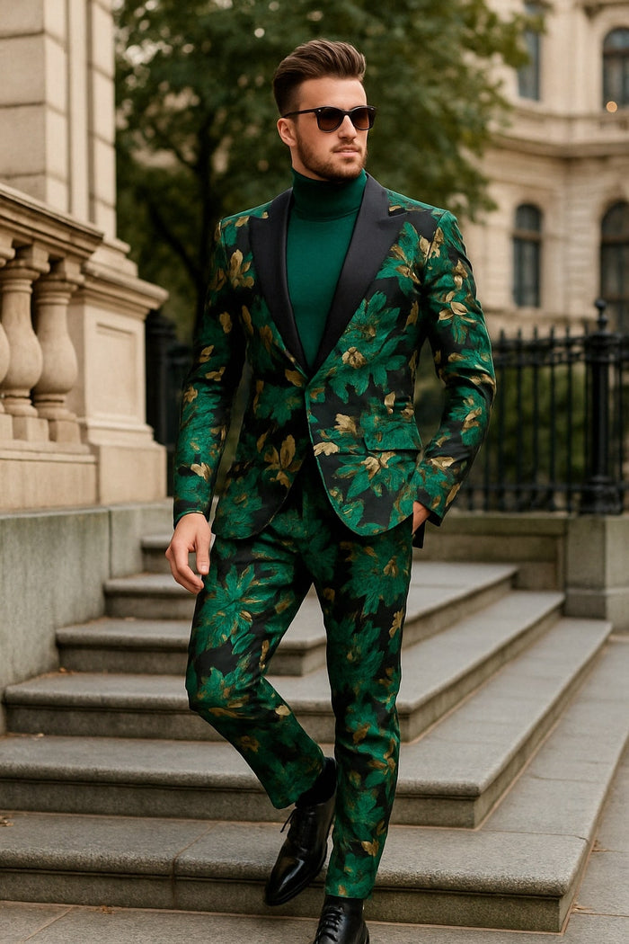 Green and Gold Floral Slim Tuxedo Suit