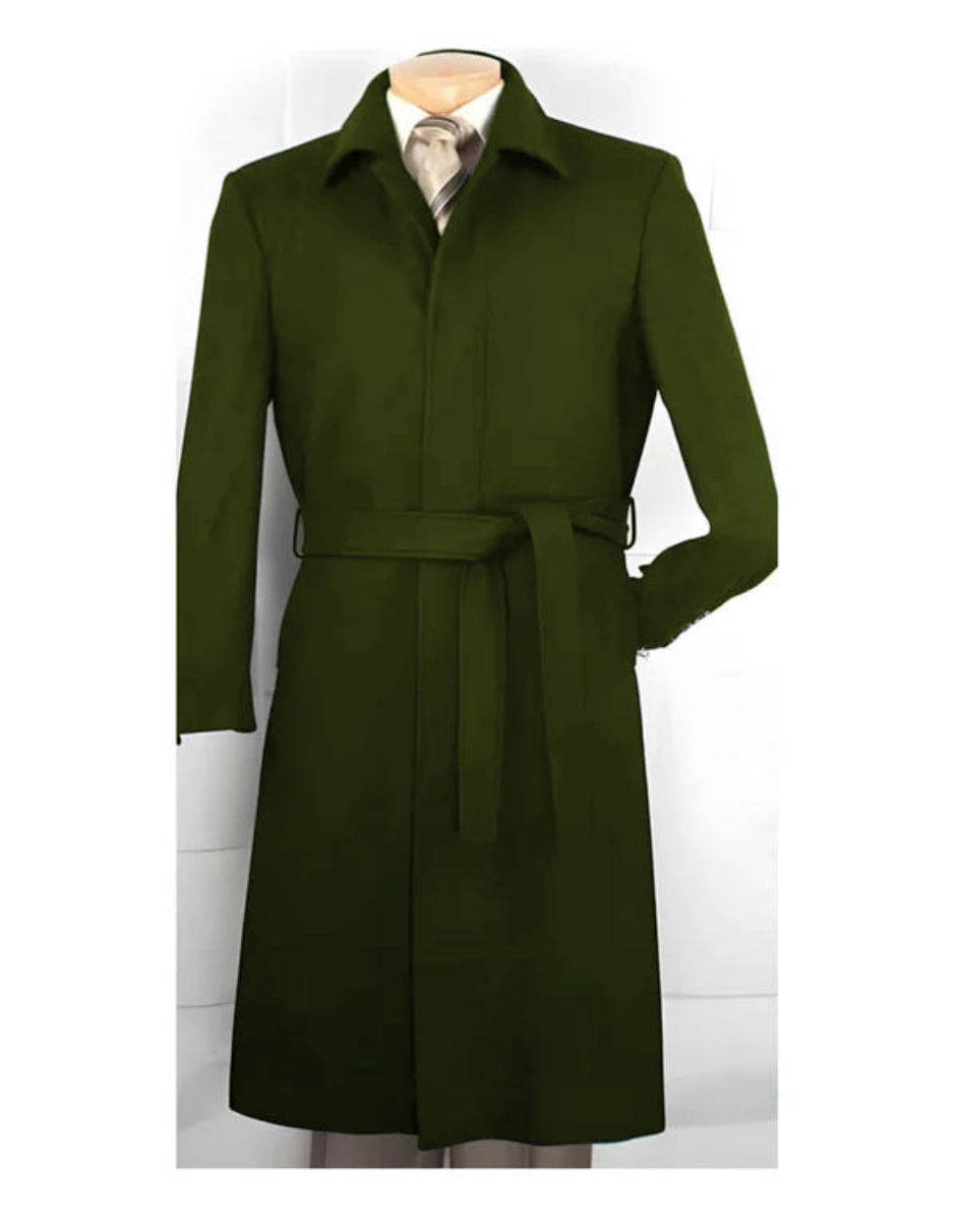 Olive Green Wool Gabardine Belted Duster Coat