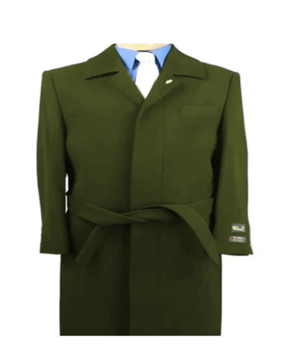 Olive Green Wool Gabardine Belted Duster Coat
