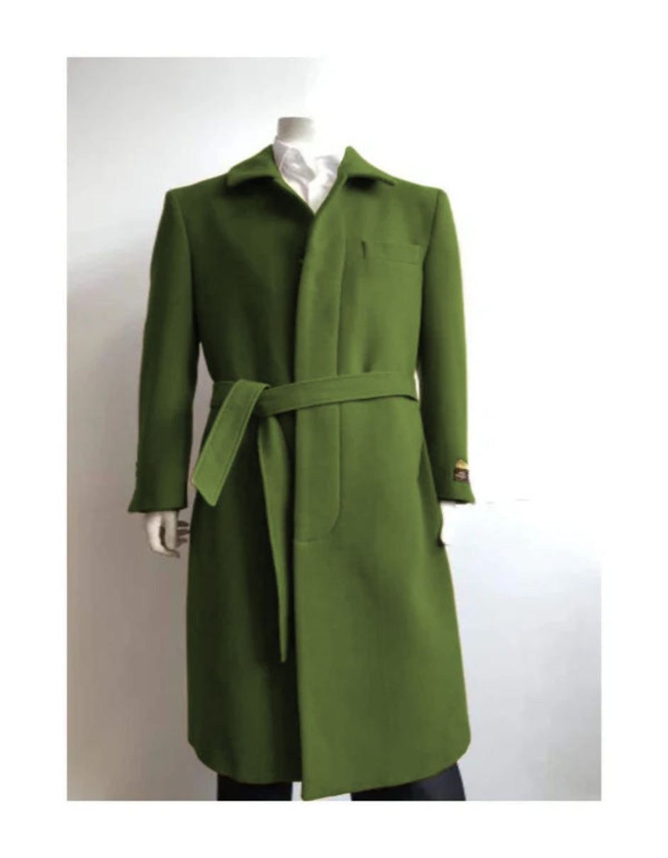 Olive Green Wool Gabardine Belted Duster Coat