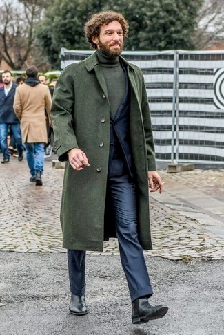 Men’s Olive Green Wool Overcoat Outfit – Winter Business Casual Style