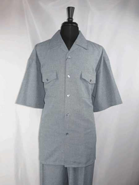 Grey 5 Buttons Short Sleeve Casual Two Piece Walking Outfit For Sale Pant Sets Shirt With Pleated Pant Set