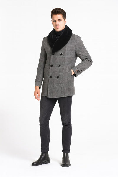 Grey Plaid Double-Breasted Overcoat with Fur Collar
