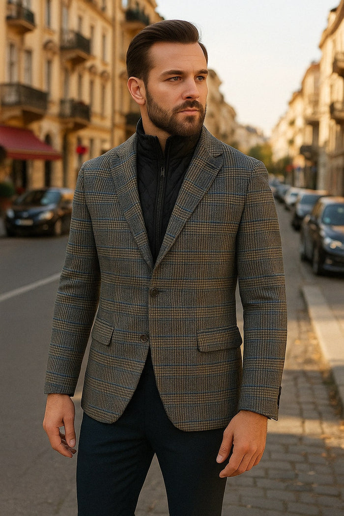 Grey & Blue Glen Check Wool Blazer with Quilted Layer