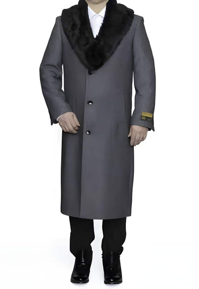Grey Herringbone Wool Overcoat with Removable Fur