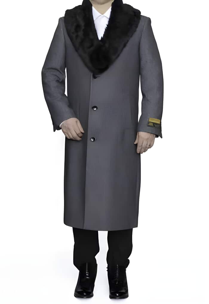 Grey Herringbone Wool Overcoat with Removable Fur