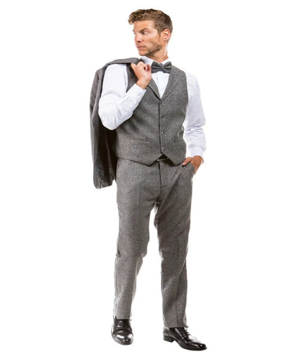 Grey Herringbone 1920s Tweed Vested Suit