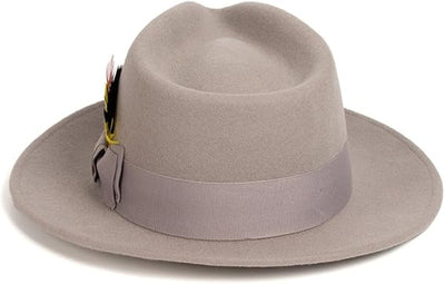 Gangster 100% Australian Wool Crushable Mens Fedora Hat - Removable Feather Gangster  Light Grey Mens Fedora Hat