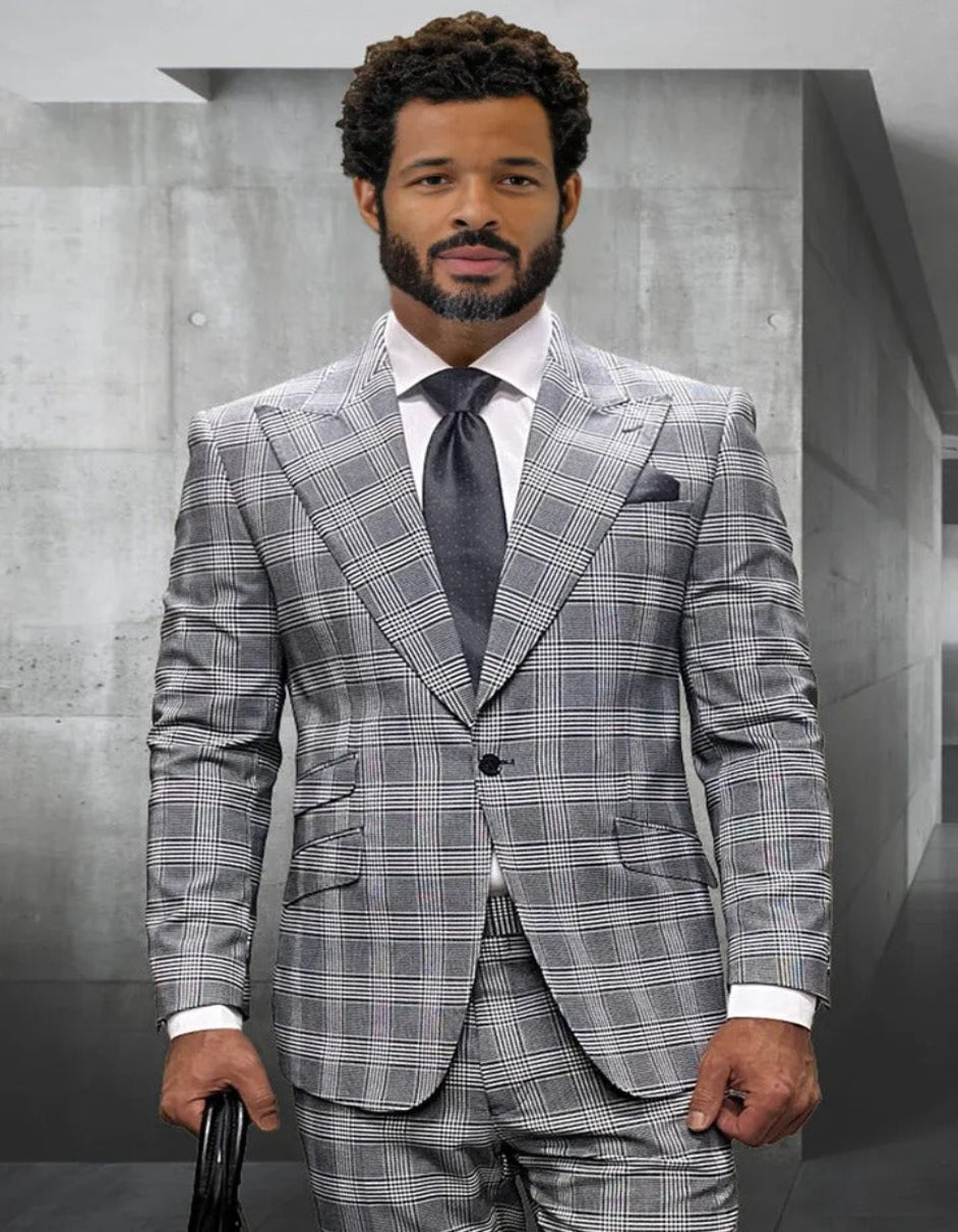Grey Windowpane Peak Lapel Wool Suit for Men