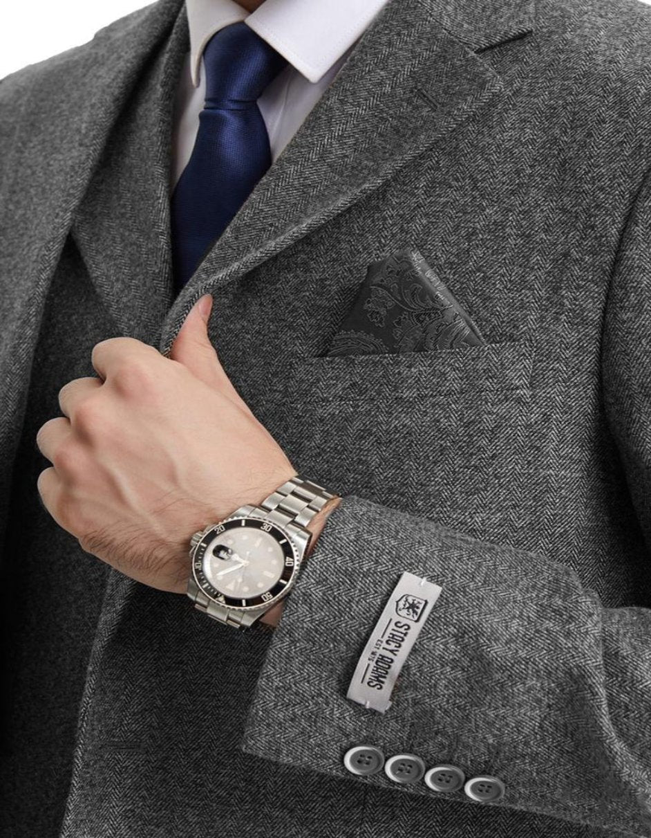 Grey 1920s Tweed Herringbone Vested Suit