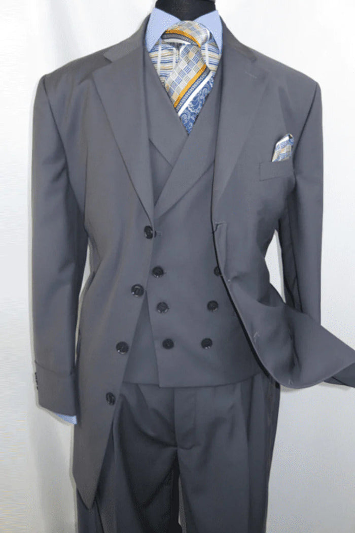 4 Button Double Breasted Grey Vest Suit for Men