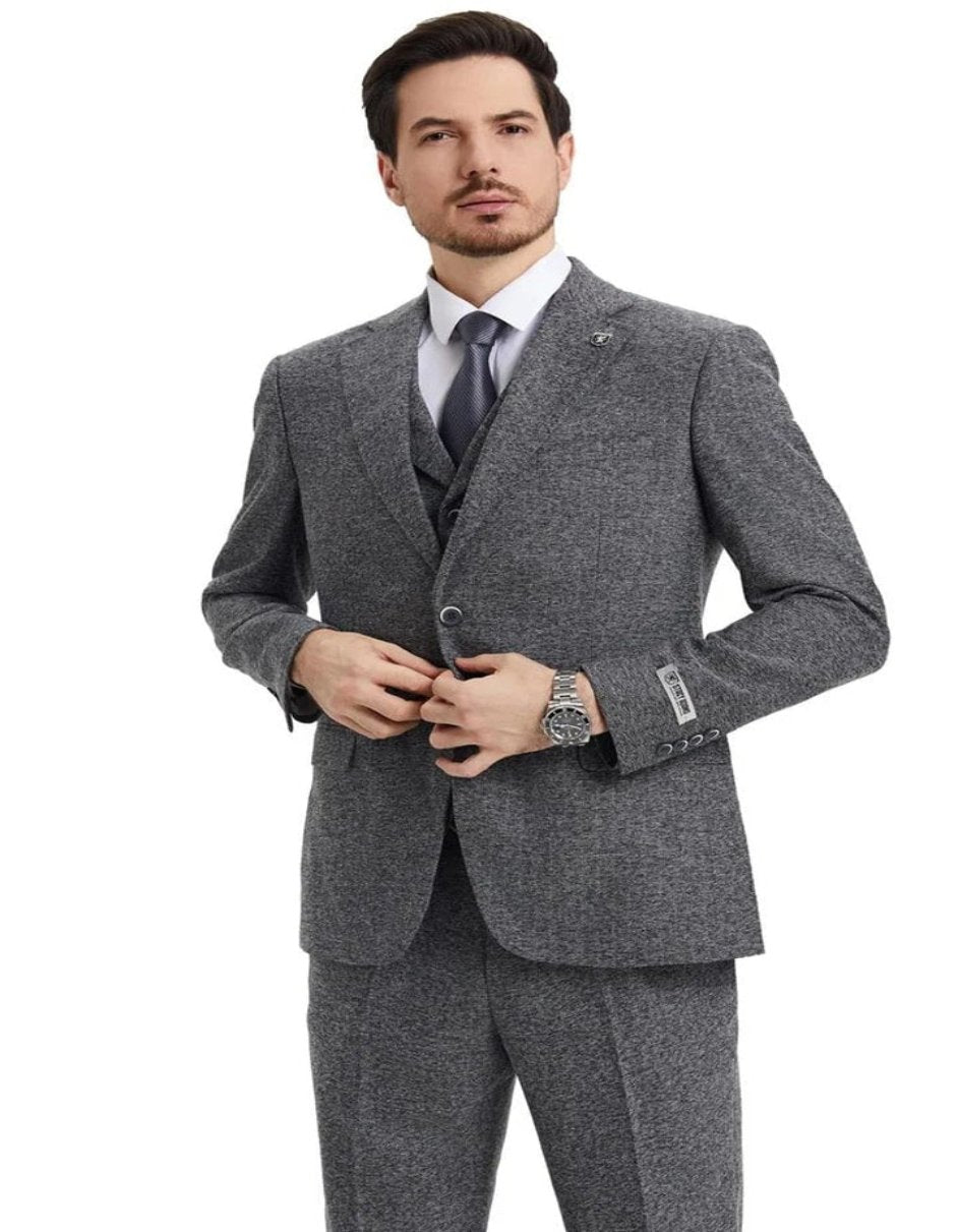 Grey 1920s Tweed Herringbone Vested Suit