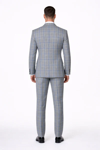 Grey Wool Wide-Leg Plaid Suit by Rossiman
