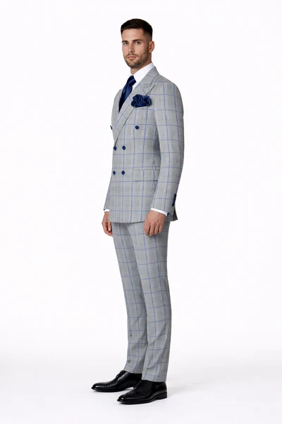 Suit With Pleated Pants Peak Lapel Wool Fabric Suit in Color Grey and Blue By Rossiman Athletic Classic Fit