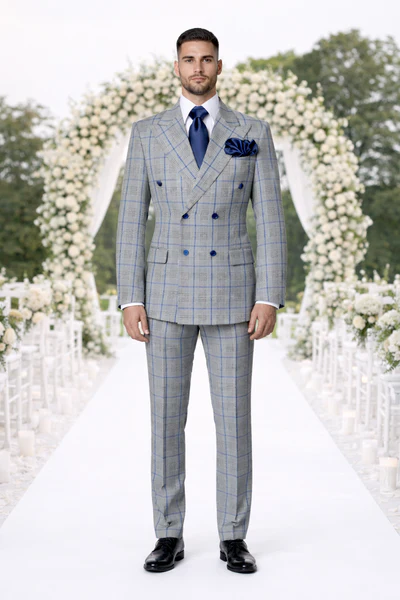 Suit With Pleated Pants Peak Lapel Wool Fabric Suit in Color Grey and Blue By Rossiman Athletic Classic Fit