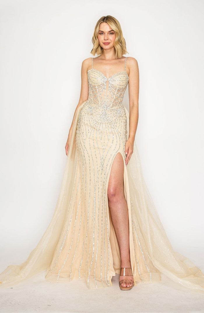 High Couture HC1002 Long Formal Beaded Overskirt Prom Dress