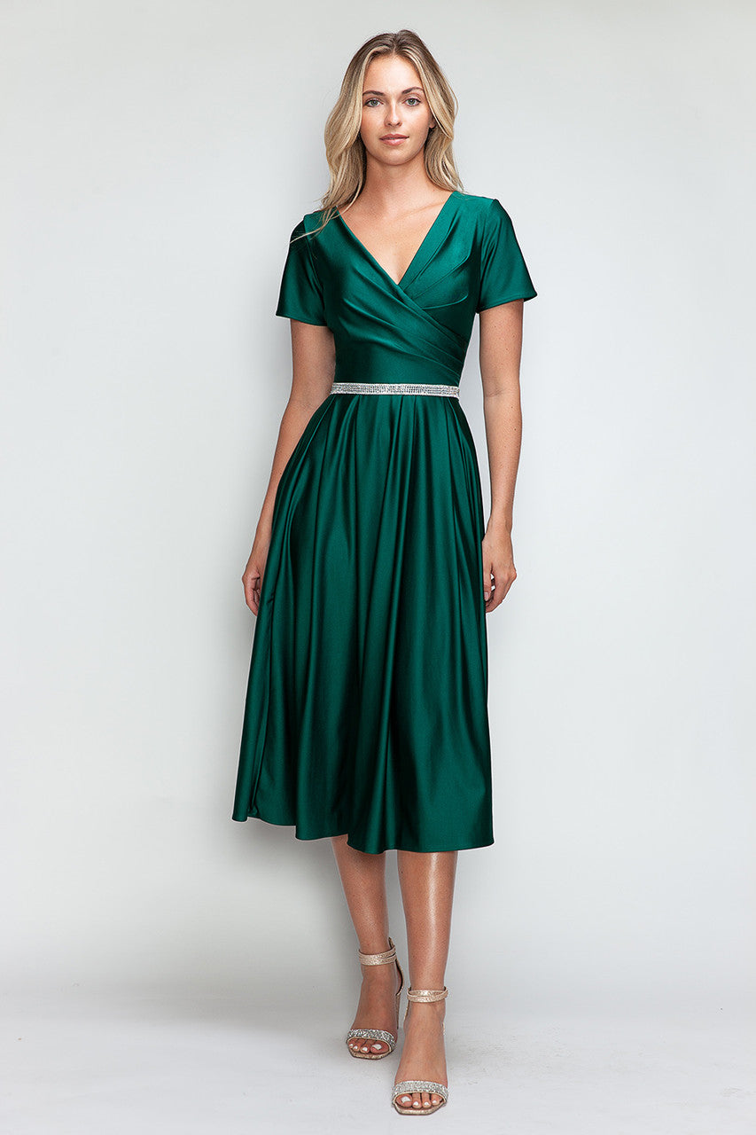 Lenovia 5274 V-Neck Short Sleeve Midi Cocktail Dress with Rhinestone Waist Formal & Wedding Guest Attire