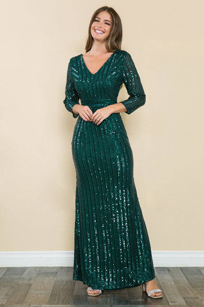 Evening Dress V-Neck 3/4 Sleeve Sheath Sequin Gown By Lenovia 5247-New Collection